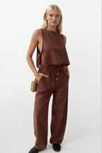 Drawstring Waist Straight Cut Brown Pants