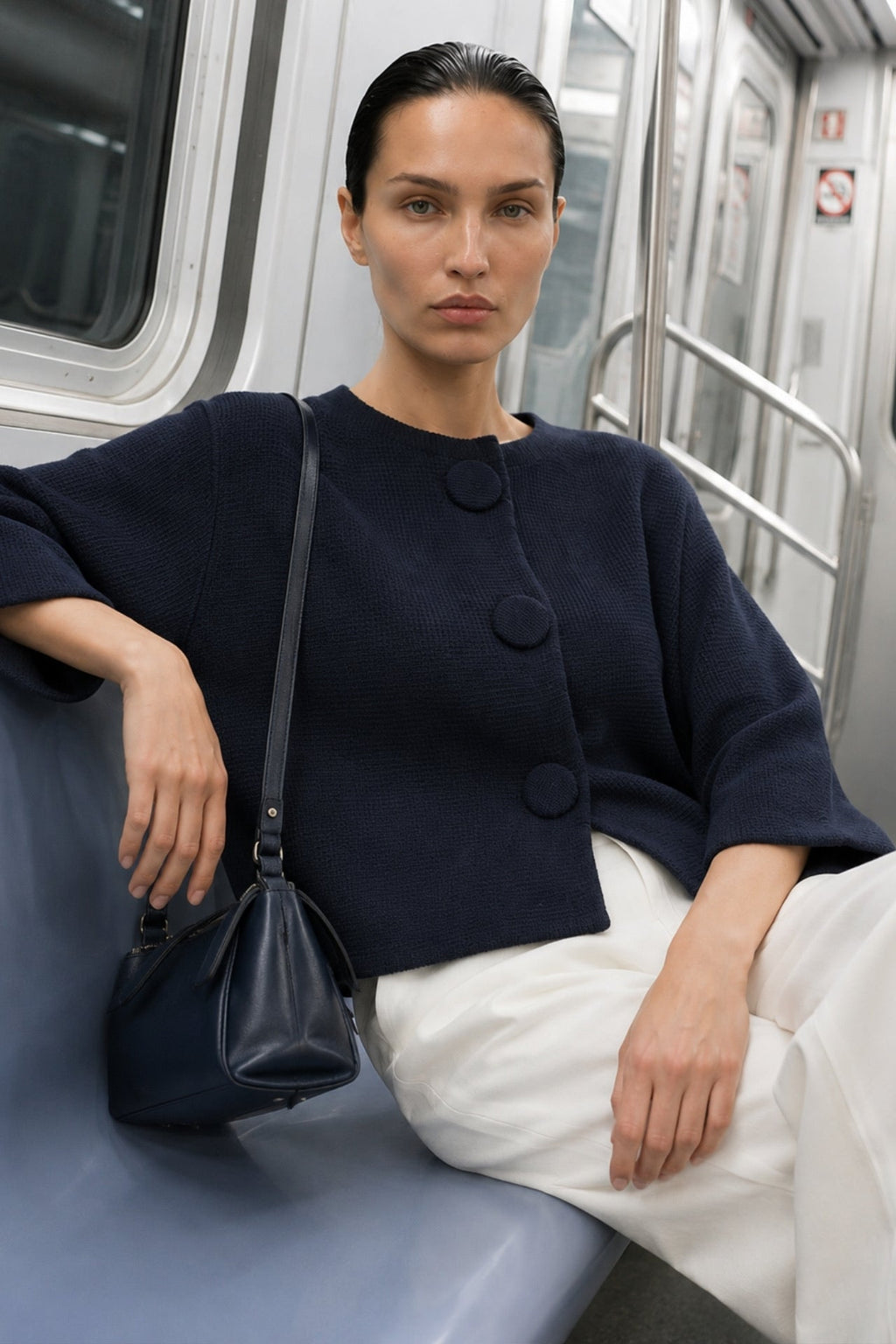 Button Detail Yarasa Sleeve Navy Knit Cardigan