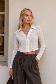 Polo Collar Guipure White Crop Shirt