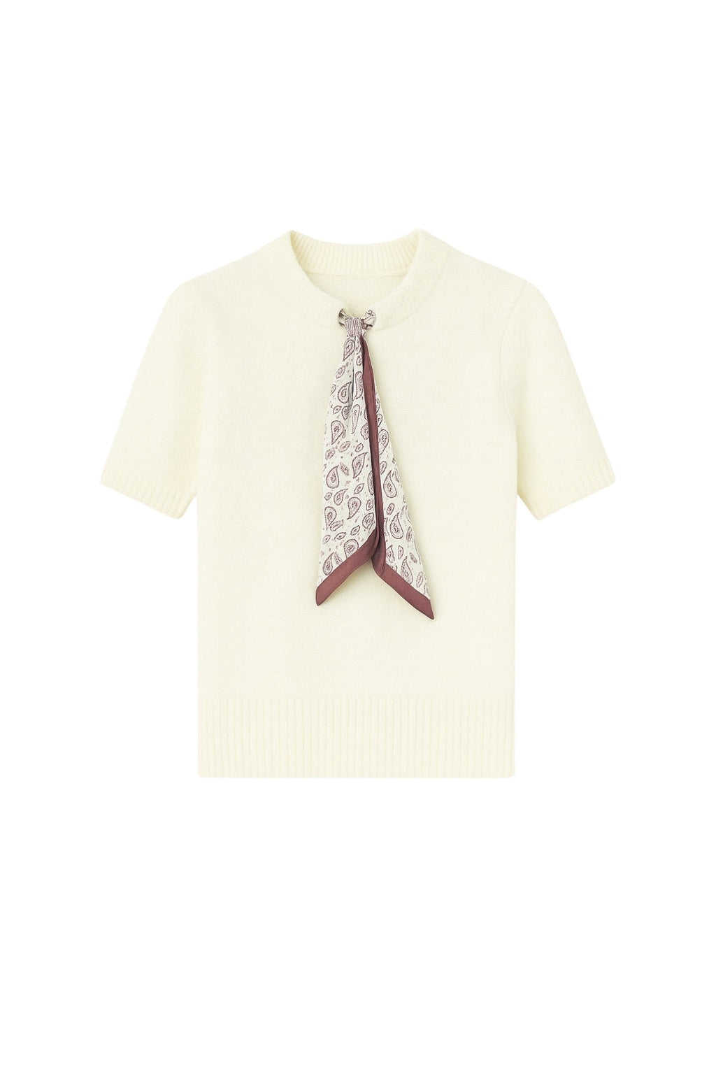 Scarf Detail Half Sleeve Ecru Knit Blouse
