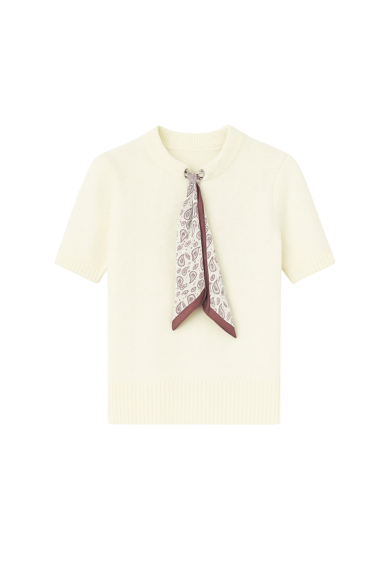 Scarf Detail Half Sleeve Ecru Knit Blouse