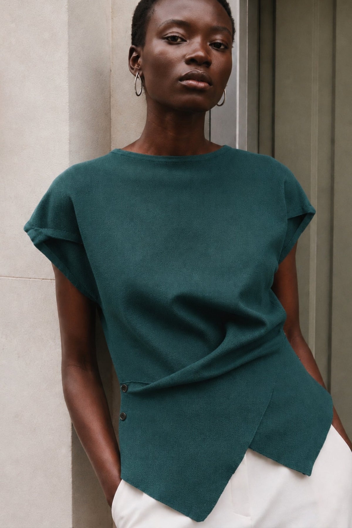 Button Detail Wrap Green Knit Blouse
