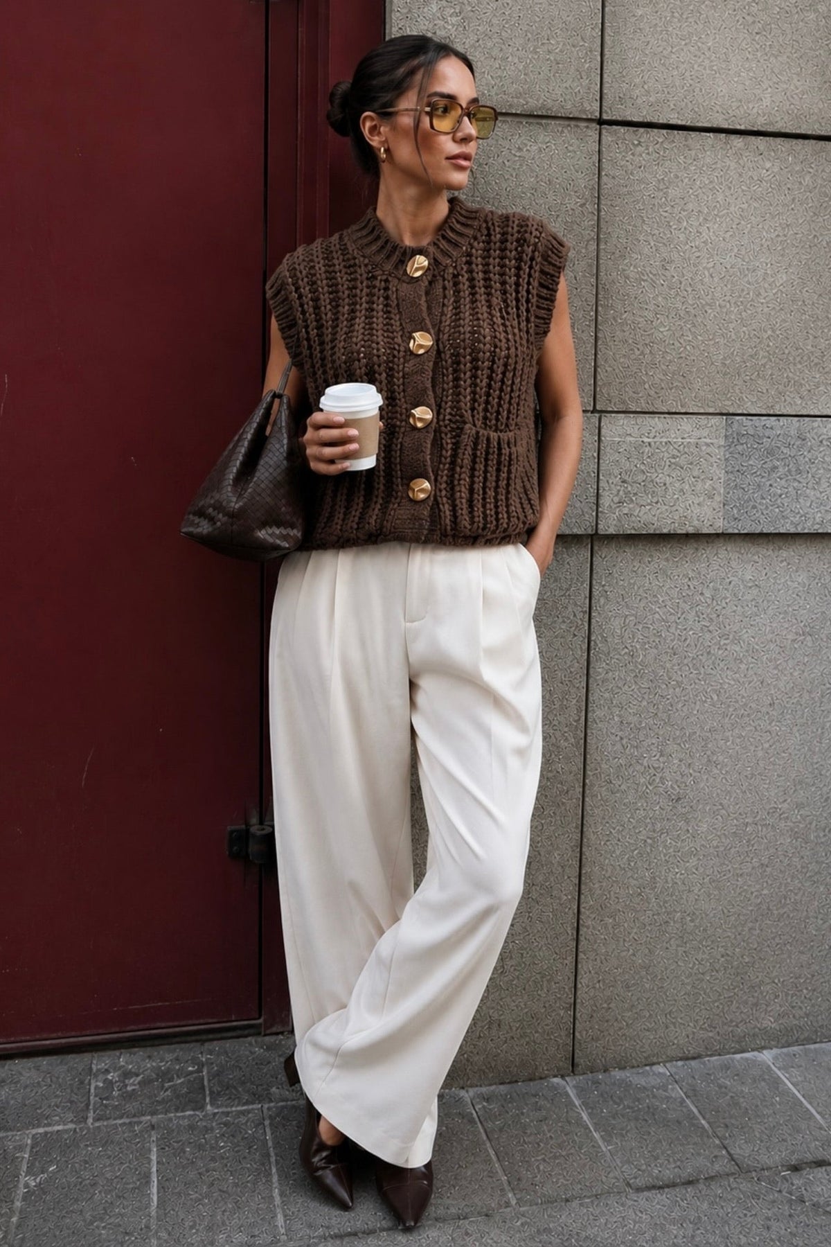 Button Detail Pocketed Brown Knit Waistcoat