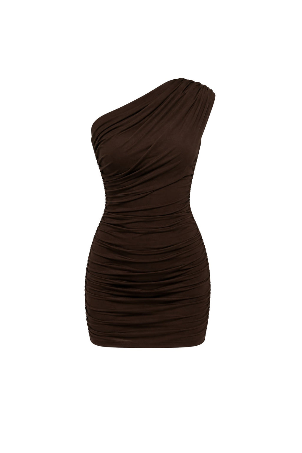 One-Shoulder Ruched Brown Mini Dress