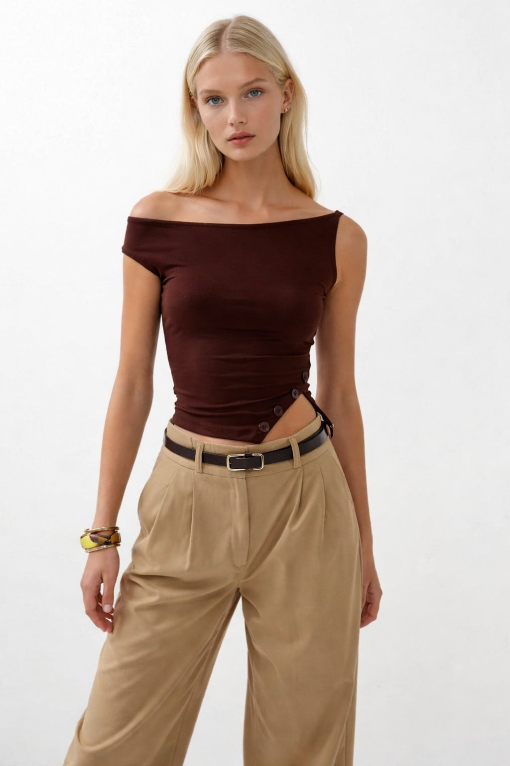 Boat Neck Slit Detail Brown Blouse