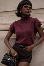 Turtleneck Sleeve Detail Textured Burgundy Blouse