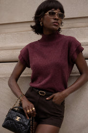 Turtleneck Sleeve Detail Textured Burgundy Blouse