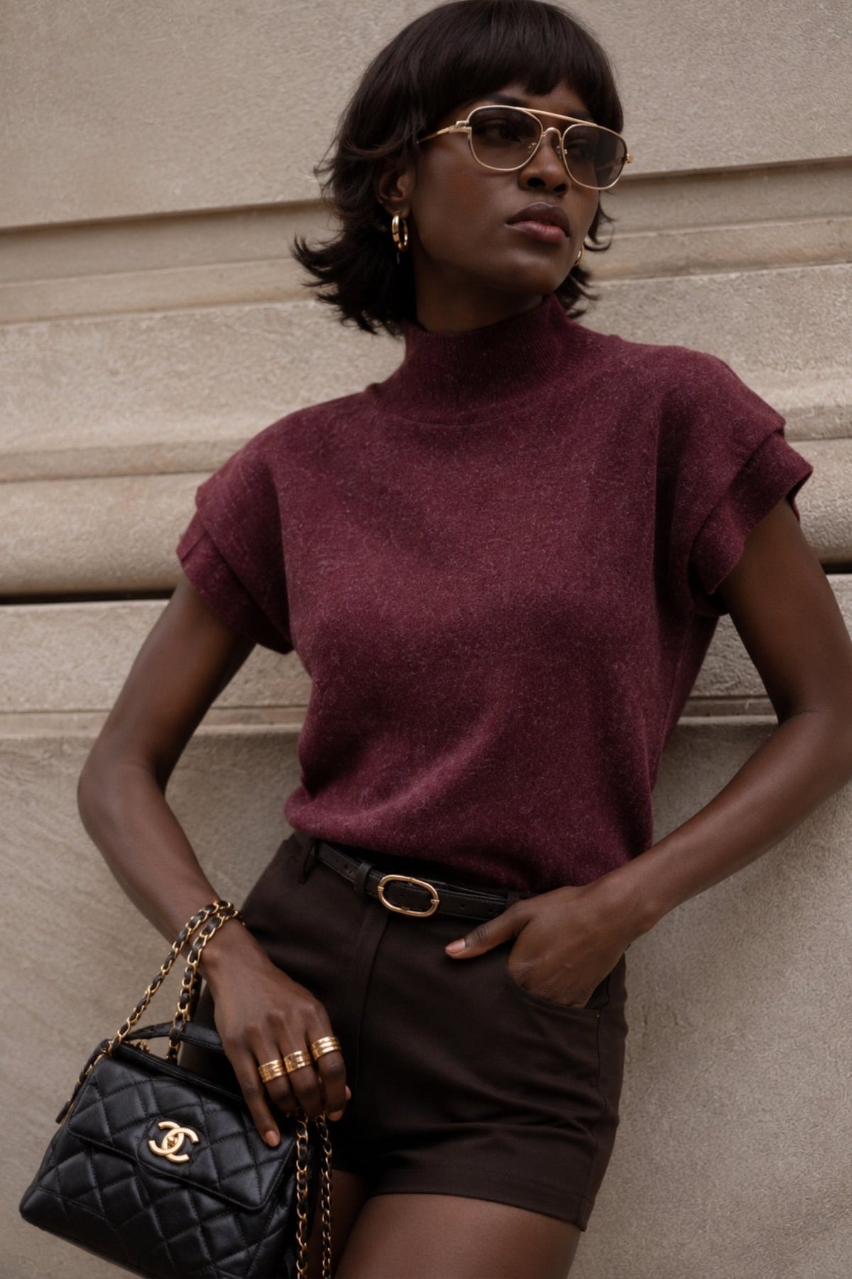Turtleneck Sleeve Detail Textured Burgundy Blouse