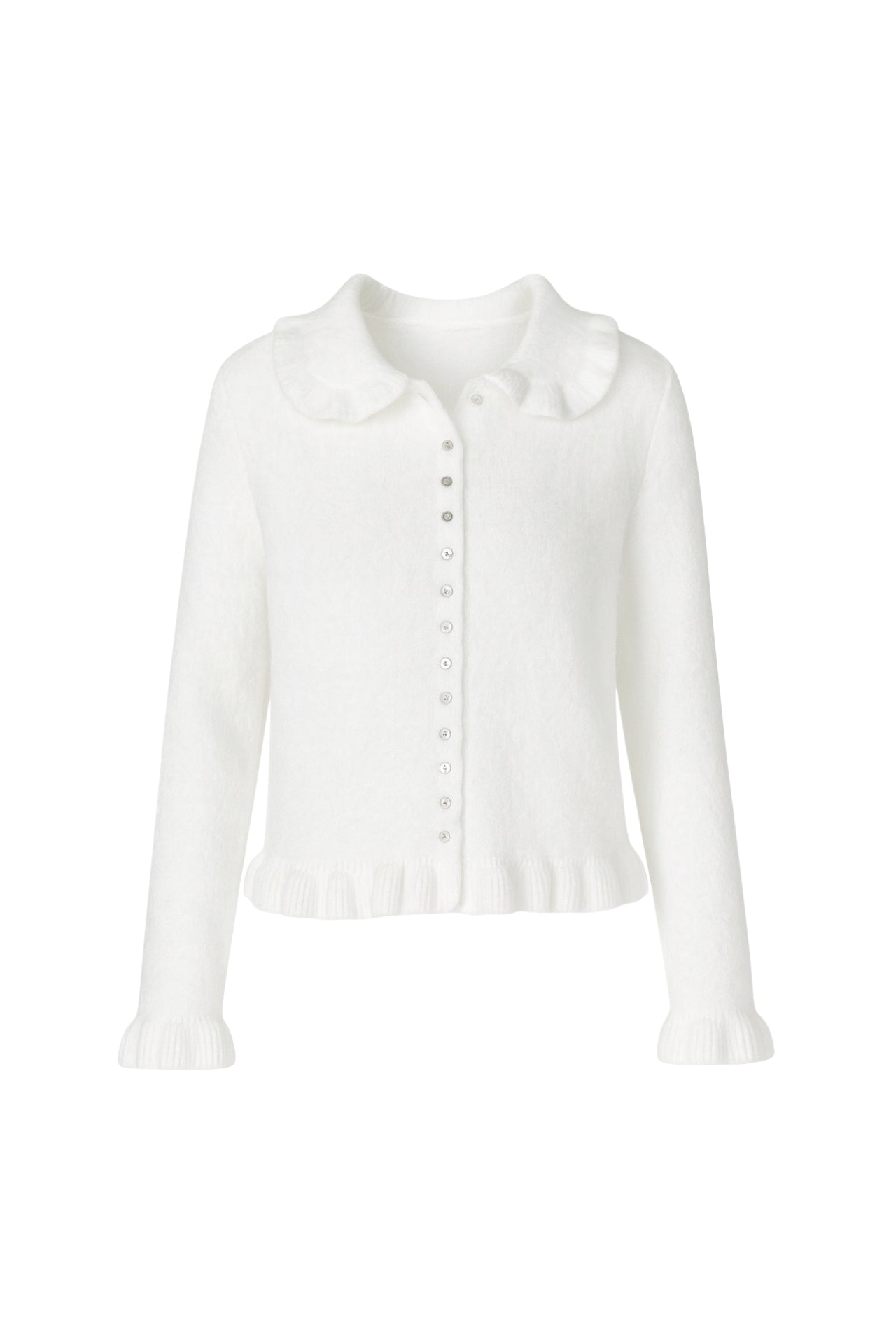 Ruffled Hem and Collar Knit White Cardigan