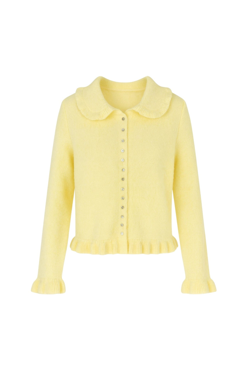 Ruffled Hem and Collar Knit Yellow Cardigan