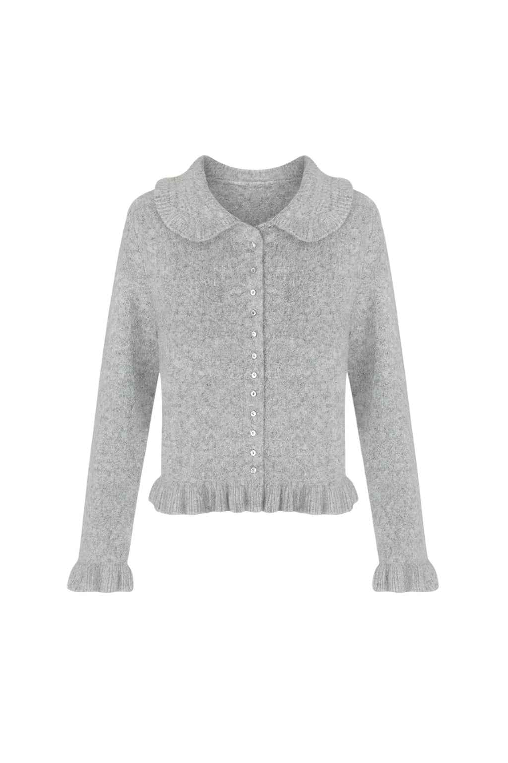 Ruffled Hem and Collar Knit Gray Cardigan