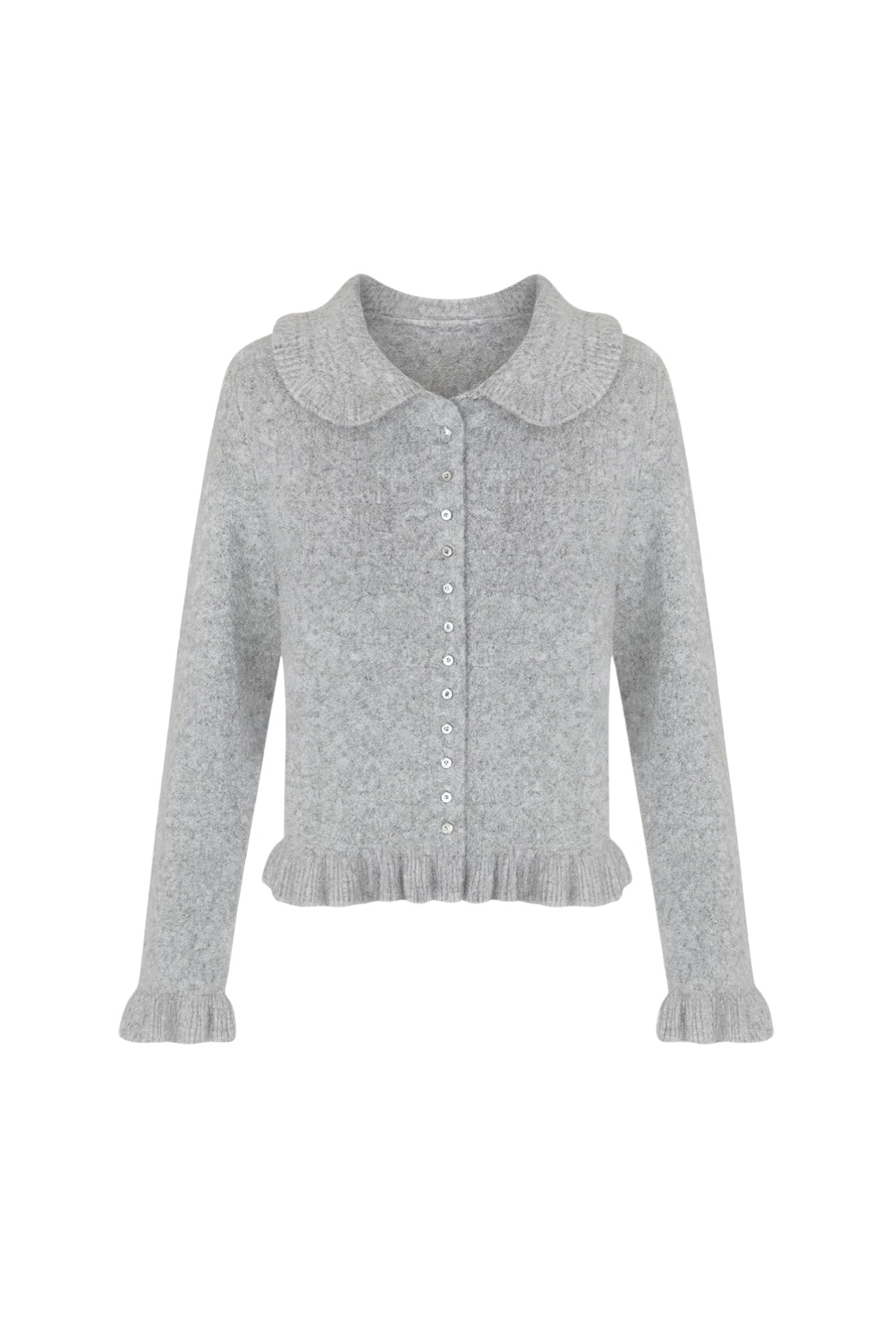 Ruffled Hem and Collar Knit Gray Cardigan