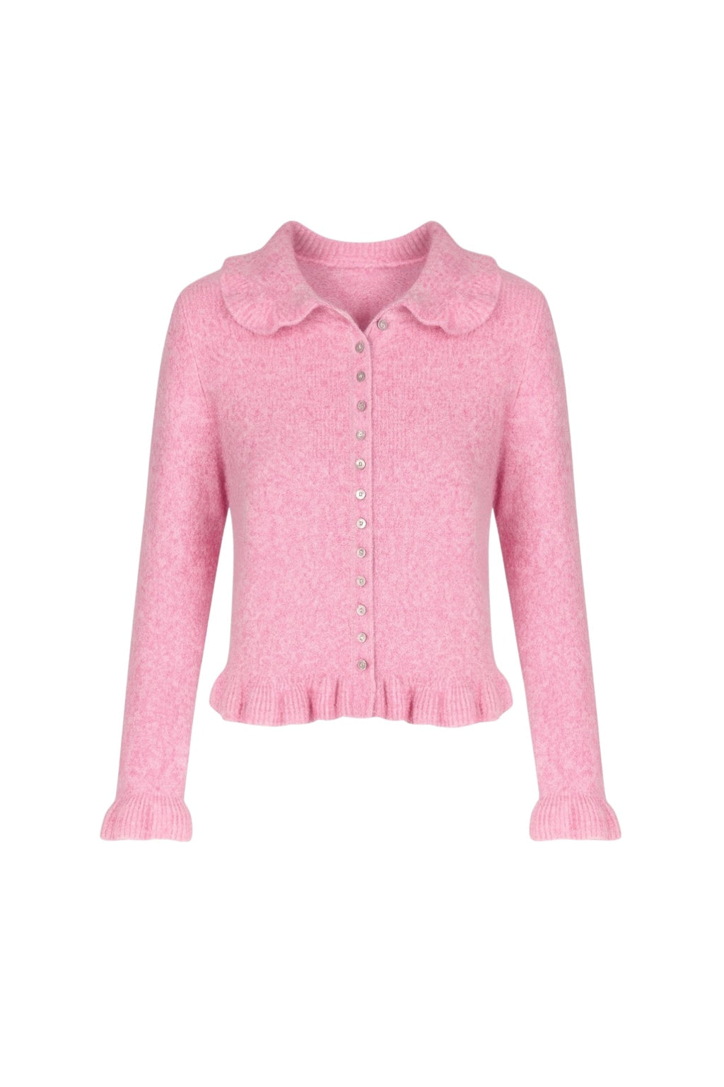 Ruffled Hem and Collar Knit Pink Cardigan