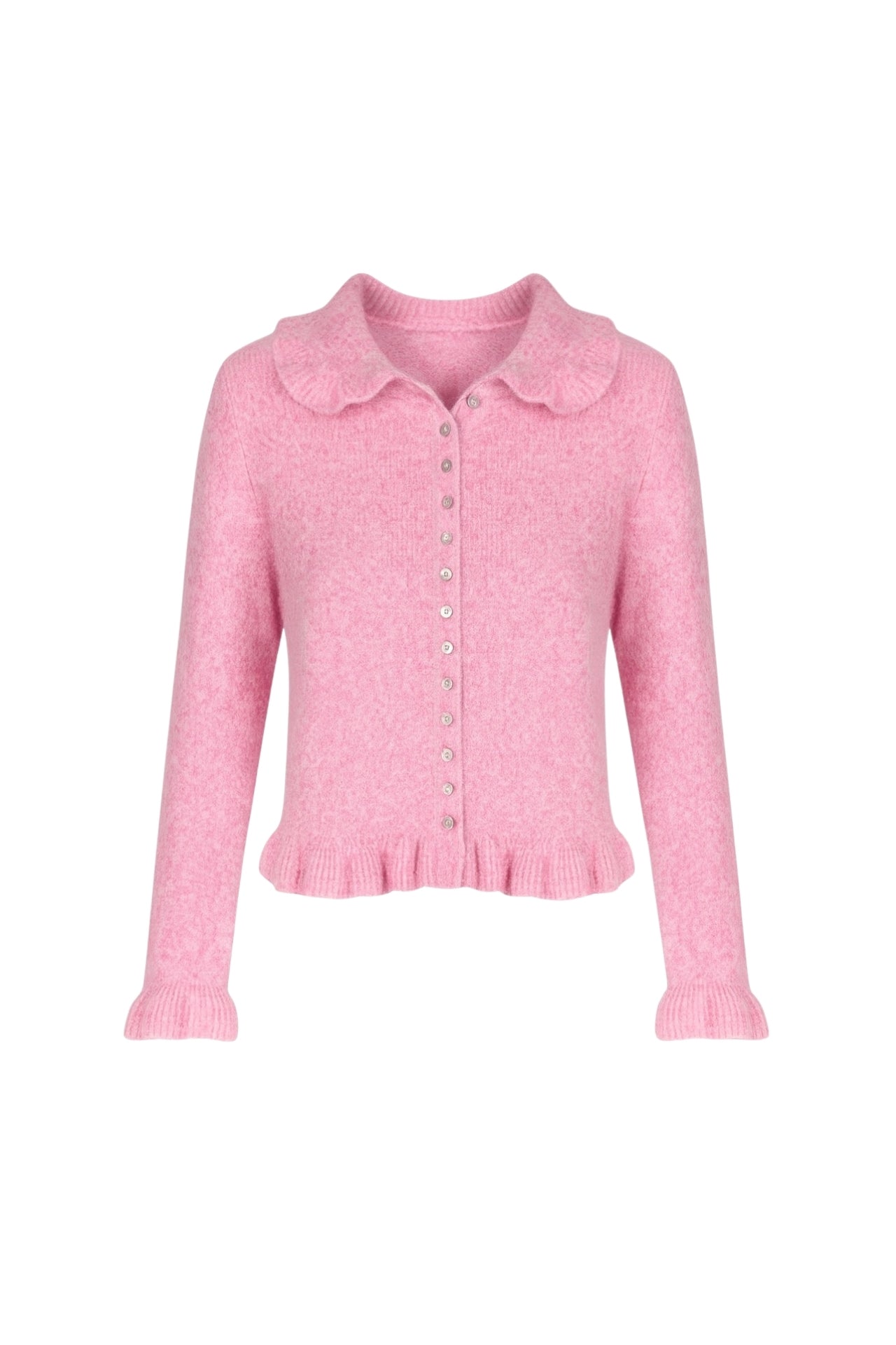 Ruffled Hem and Collar Knit Pink Cardigan