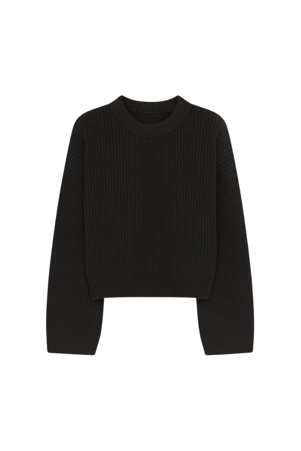 Crew Neck Knit Detail Crop Triko Black Sweater