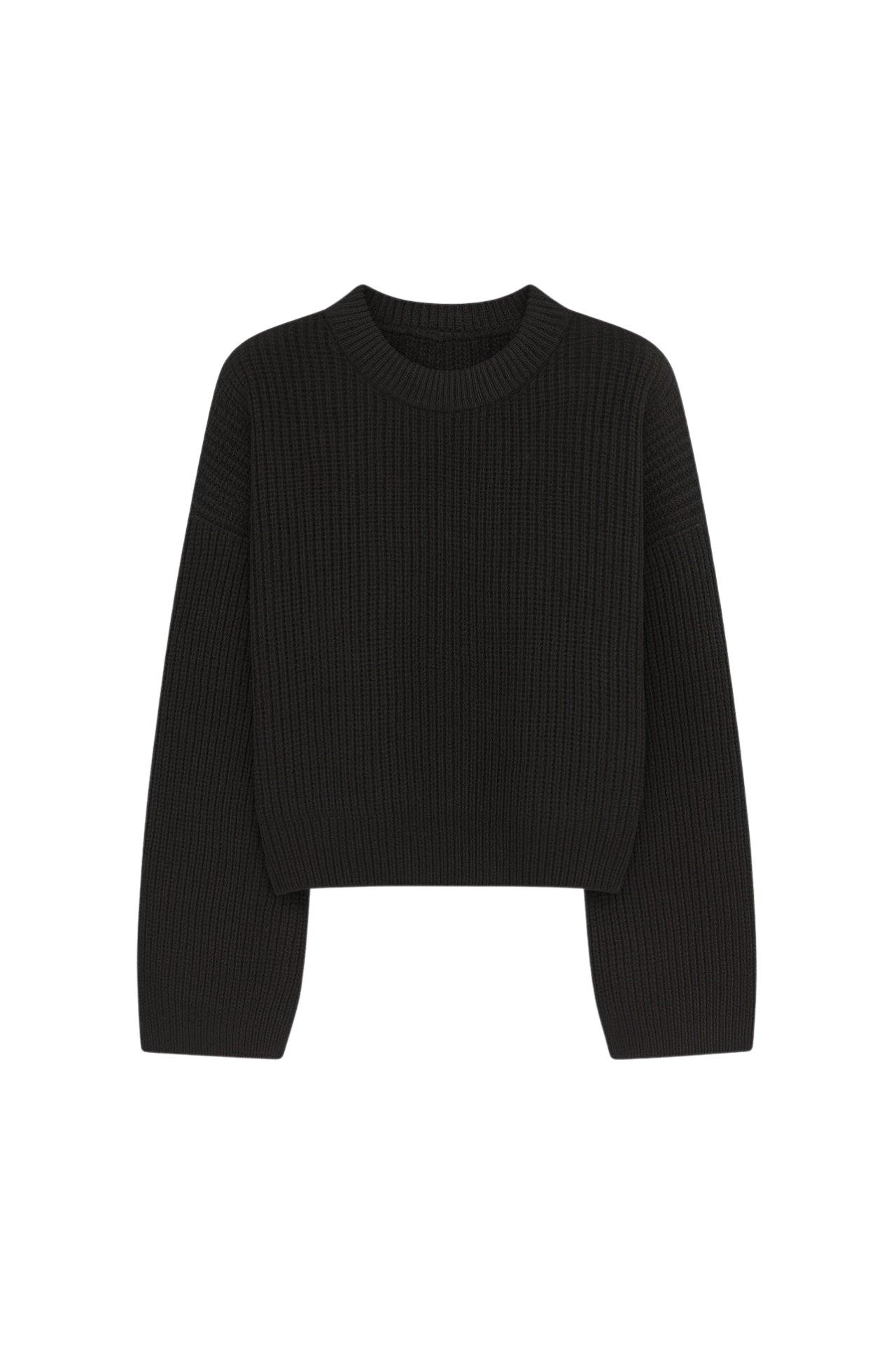 Crew Neck Knit Detail Crop Triko Black Sweater