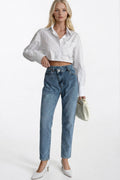 Ripped Hem Asymmetric Laser Cut Blue Jeans