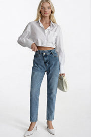 Torn Leg Asymmetric Laser Blue Jeans
