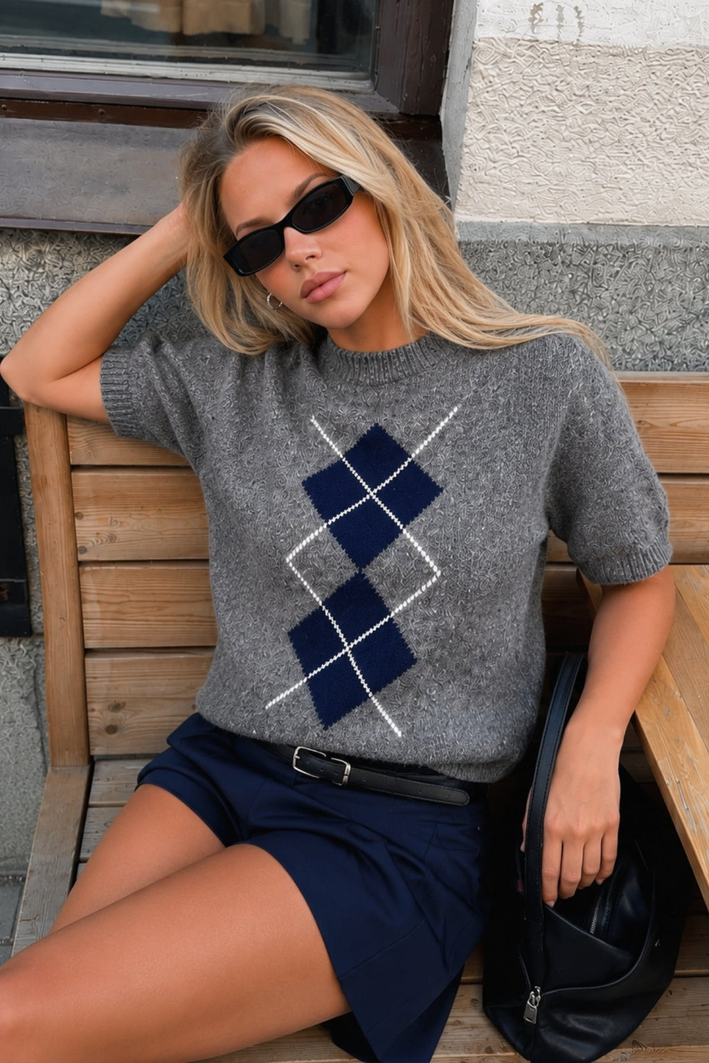 Baklava Pattern Short-Sleeve Textured Charcoal Blouse