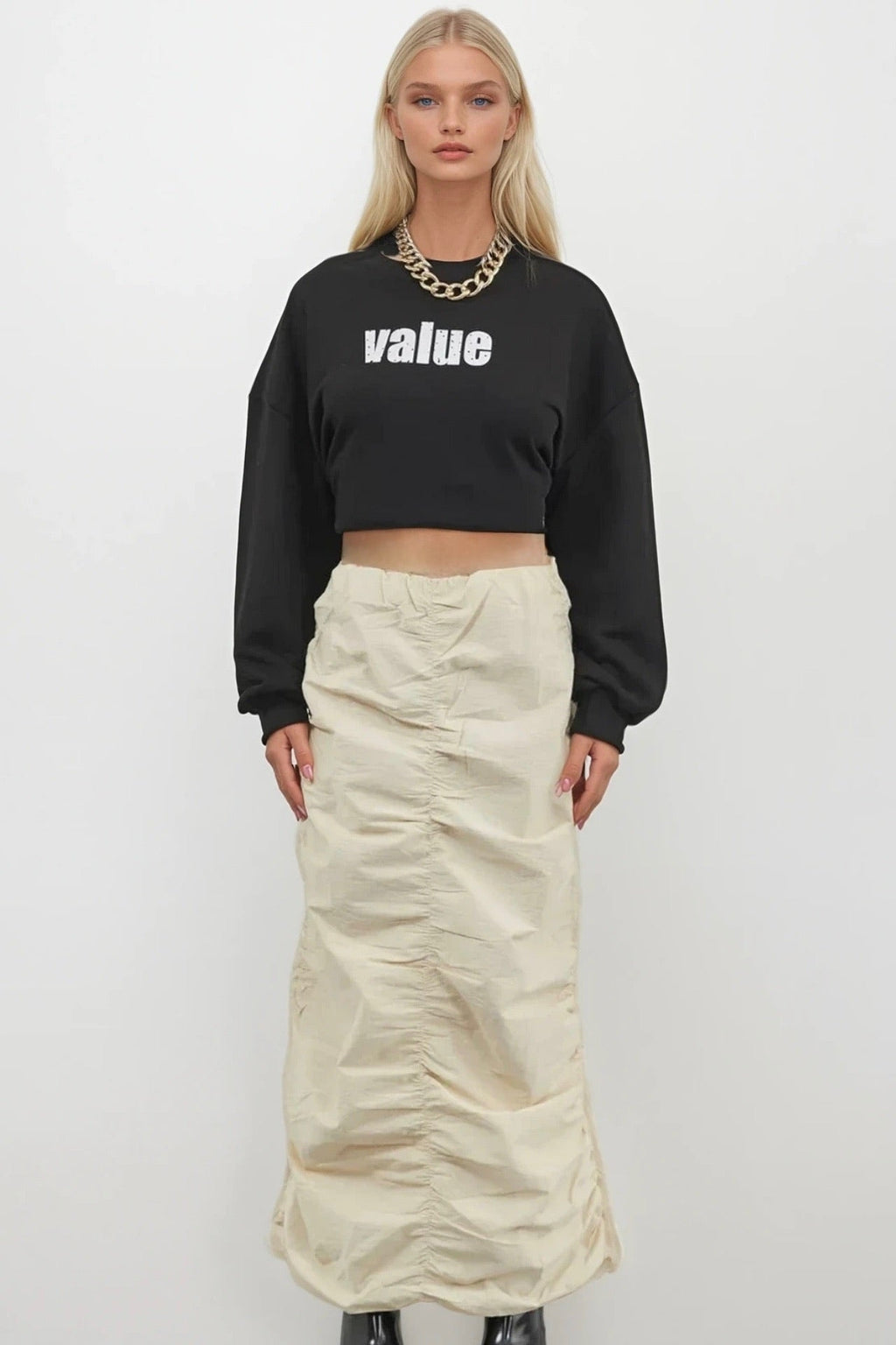 Ruched Detay Beige Maxi Skirt