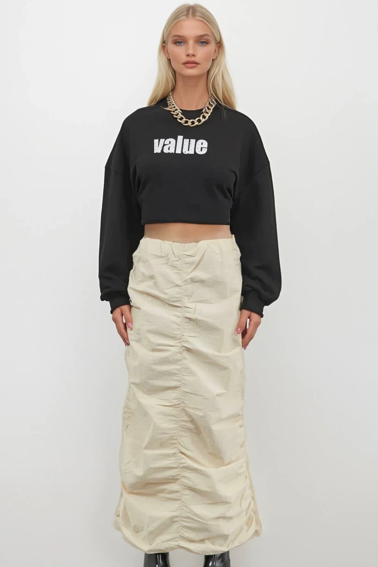 Ruched Detay Beige Maxi Skirt