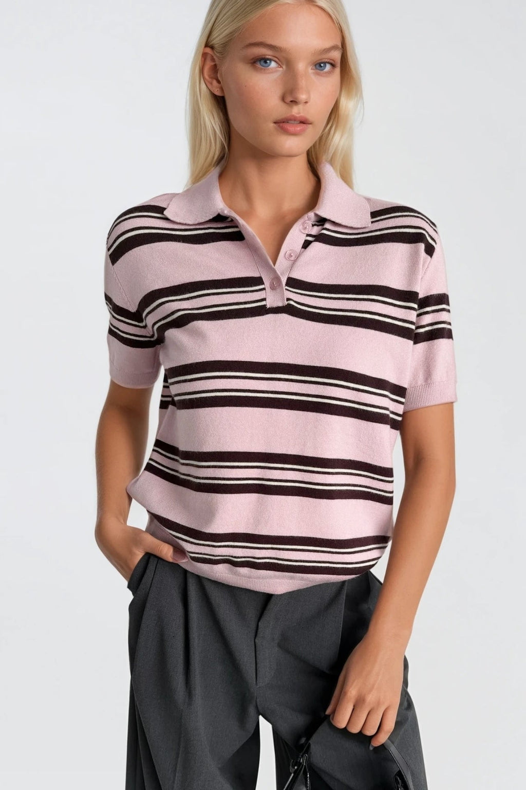 Striped Polo Collar Pink Knit Blouse