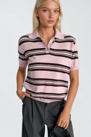 Striped Polo Neck Pink Knit Blouse