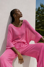 Textured Boat Neck Asymmetrical Blouse Trousers Pink Two-Piece Set