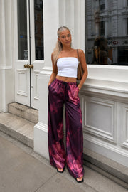 Patterned Satin Burgundy Trousers with Elastic Waistband