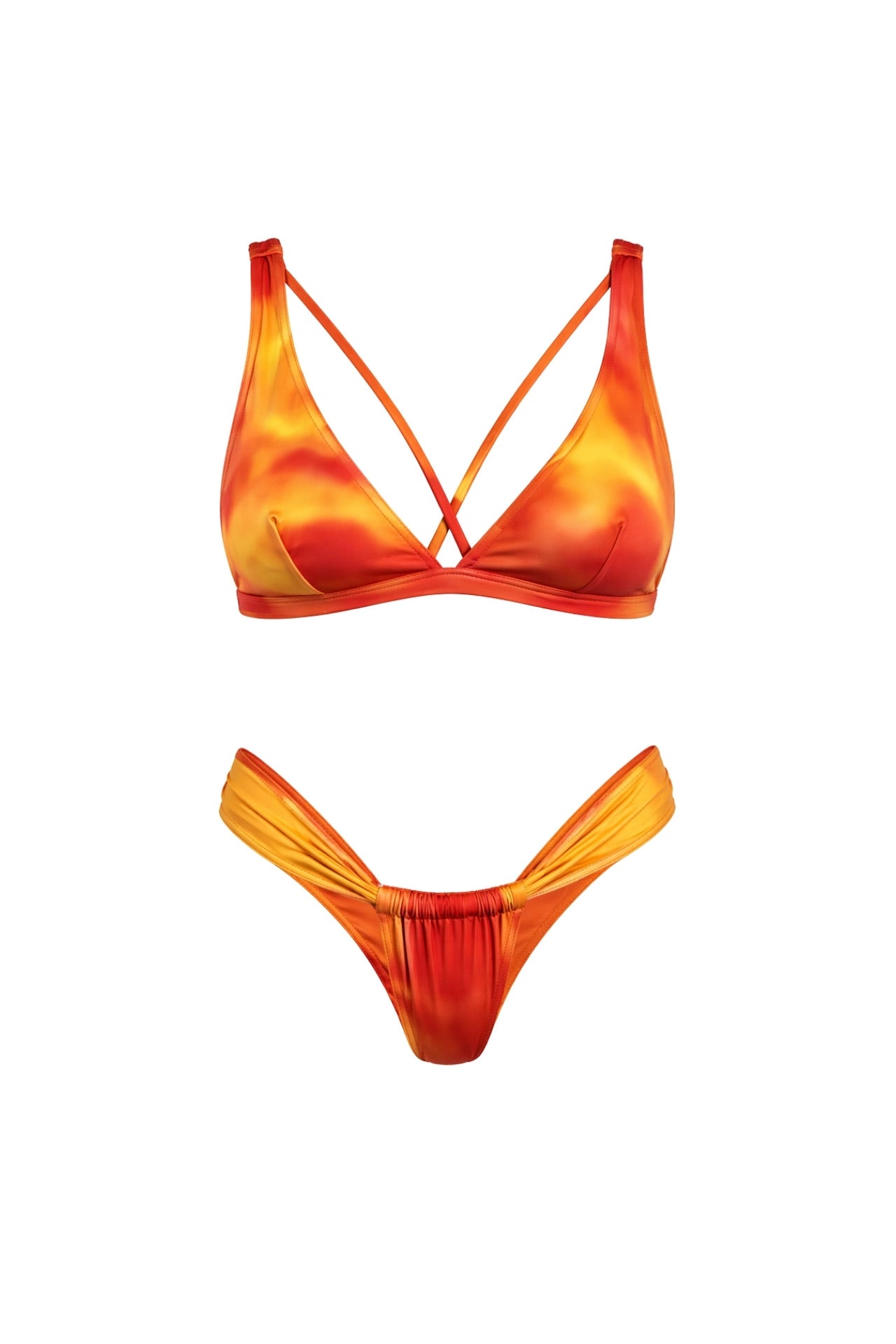 Piping Detail Ruched Orange Bikini Set