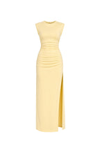 Yellow Maxi Ruched Dress with Shoulder Pads and Slit