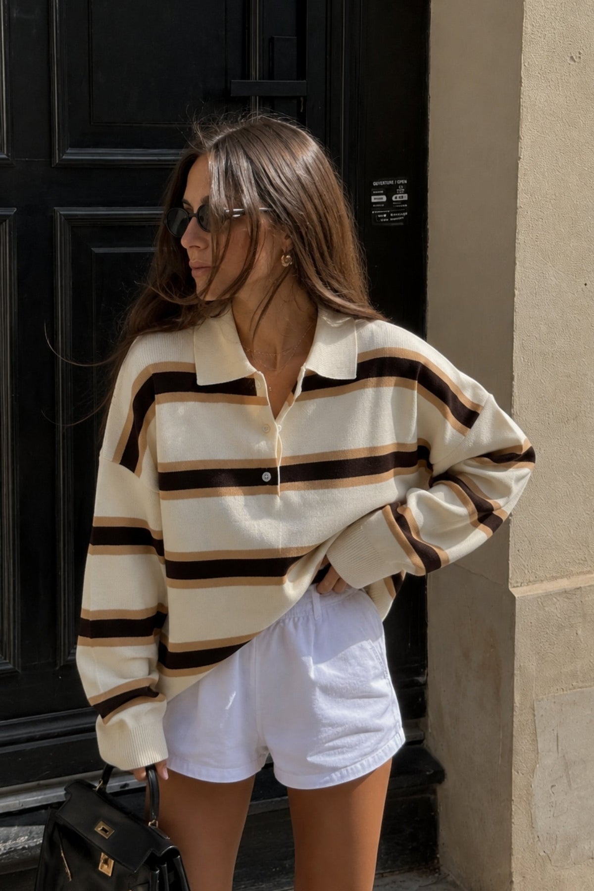 Polo Neck Button Detail Beige Striped Knit Sweater