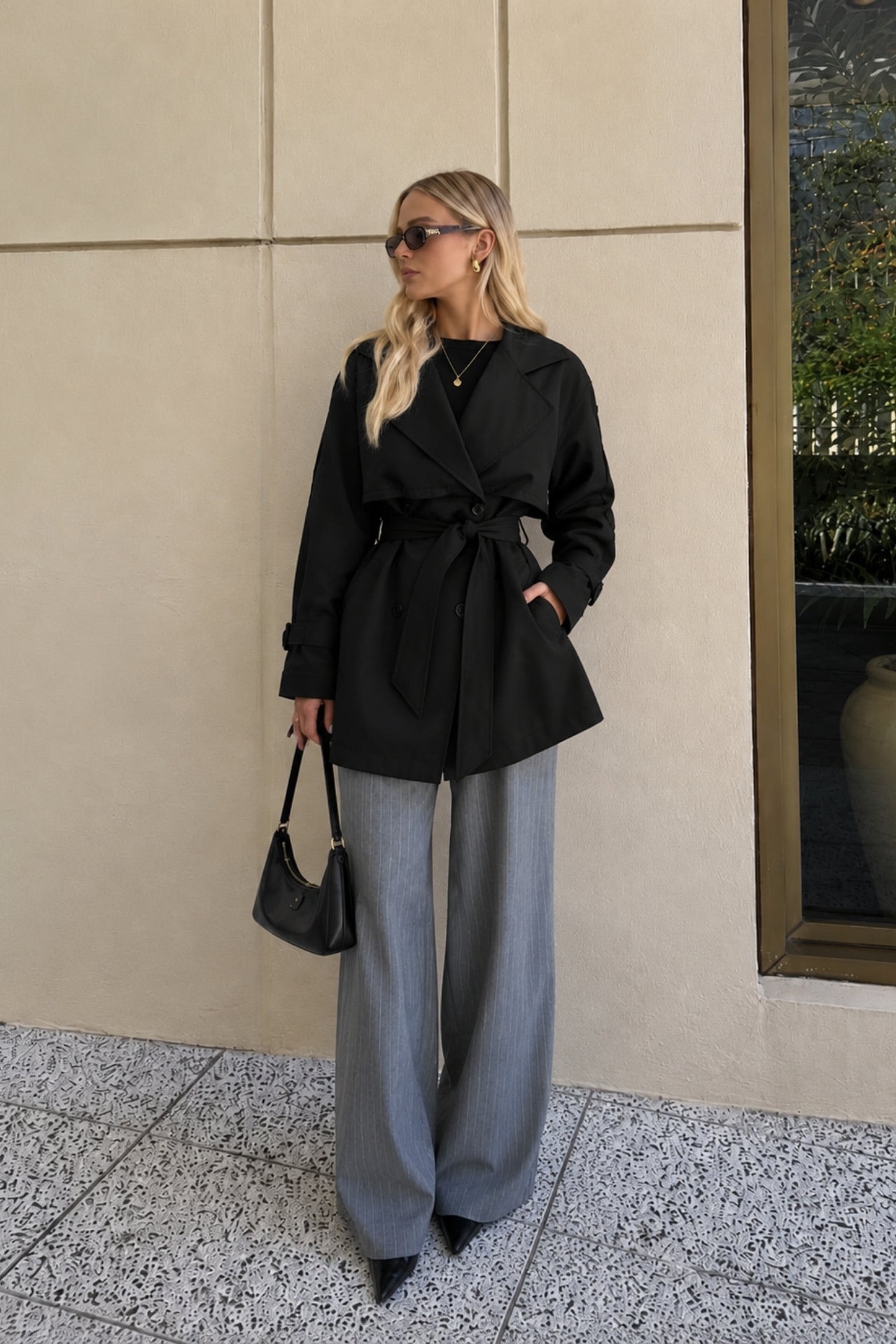Sash Detail Basic Black Trench Coat