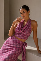 Pink Plaid Pattern Cowl Neck Blouse and Tie Detail Skirt Two-Piece Set