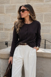Button Detail Basic Textured Brown Blouse