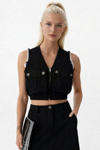 V Neck Buttoned Black Crop Vest