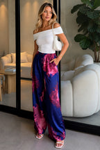 Elastic Waist Patterned Satin Navy Blue Pants