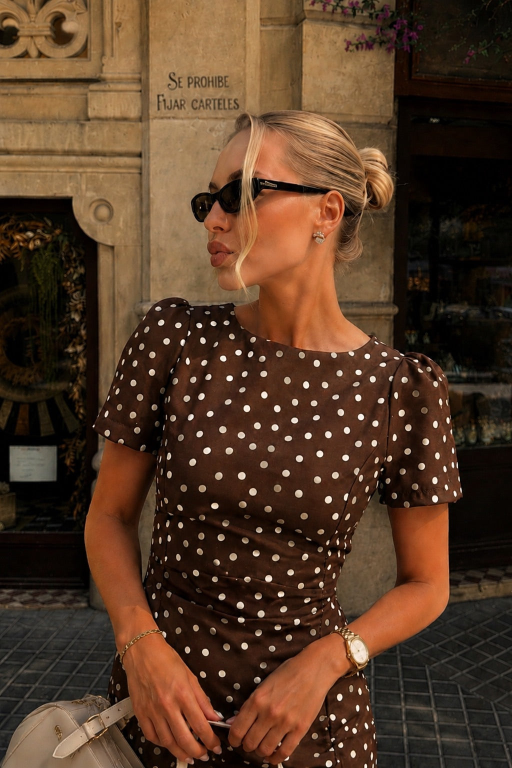 Shoulder Ruched Detail Polka Dot Pattern Brown Mini Dress
