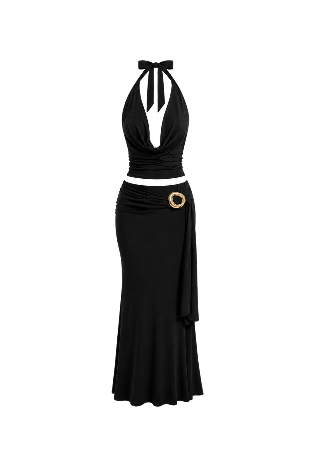 Cowl Neck Blouse Accessory Detail Maxi Skirt Two-Piece Black Set