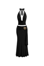 Cowl Neck Blouse Accessory Detail Maxi Skirt Two-Piece Black Set