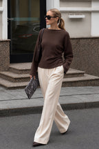 Boat-Neck Ruched Accessory Detail Textured Brown Blouse