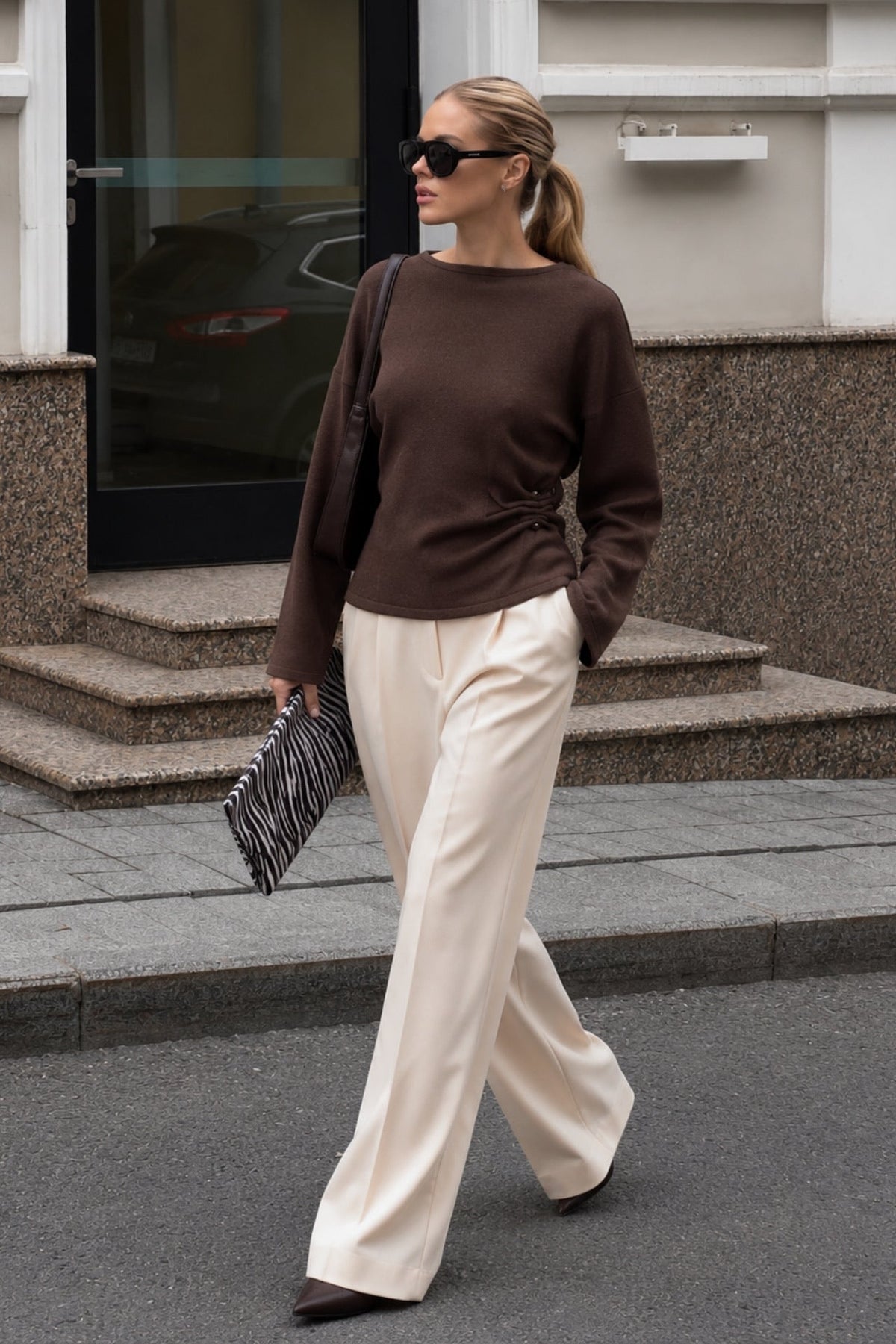 Boat-Neck Ruched Accessory Detail Textured Brown Blouse