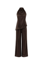 Asymmetric Cut Open-Back Blouse Pants İkili Brown Satin Set