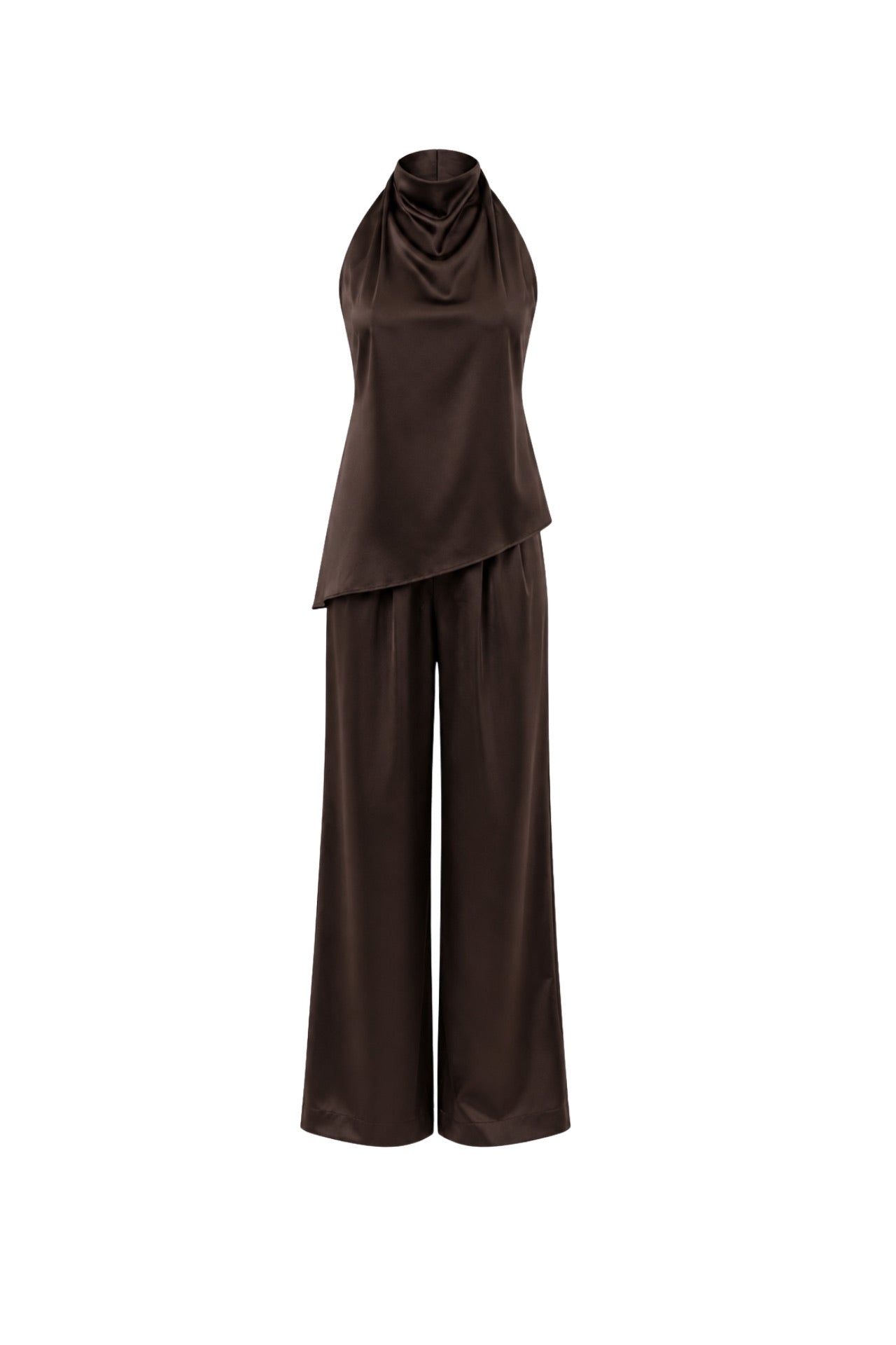 Asymmetric Cut Open-Back Blouse Pants İkili Brown Satin Set