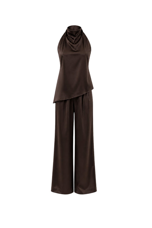 Asymmetric Cut Back Low-cut Blouse Trousers Double Brown Satin Set