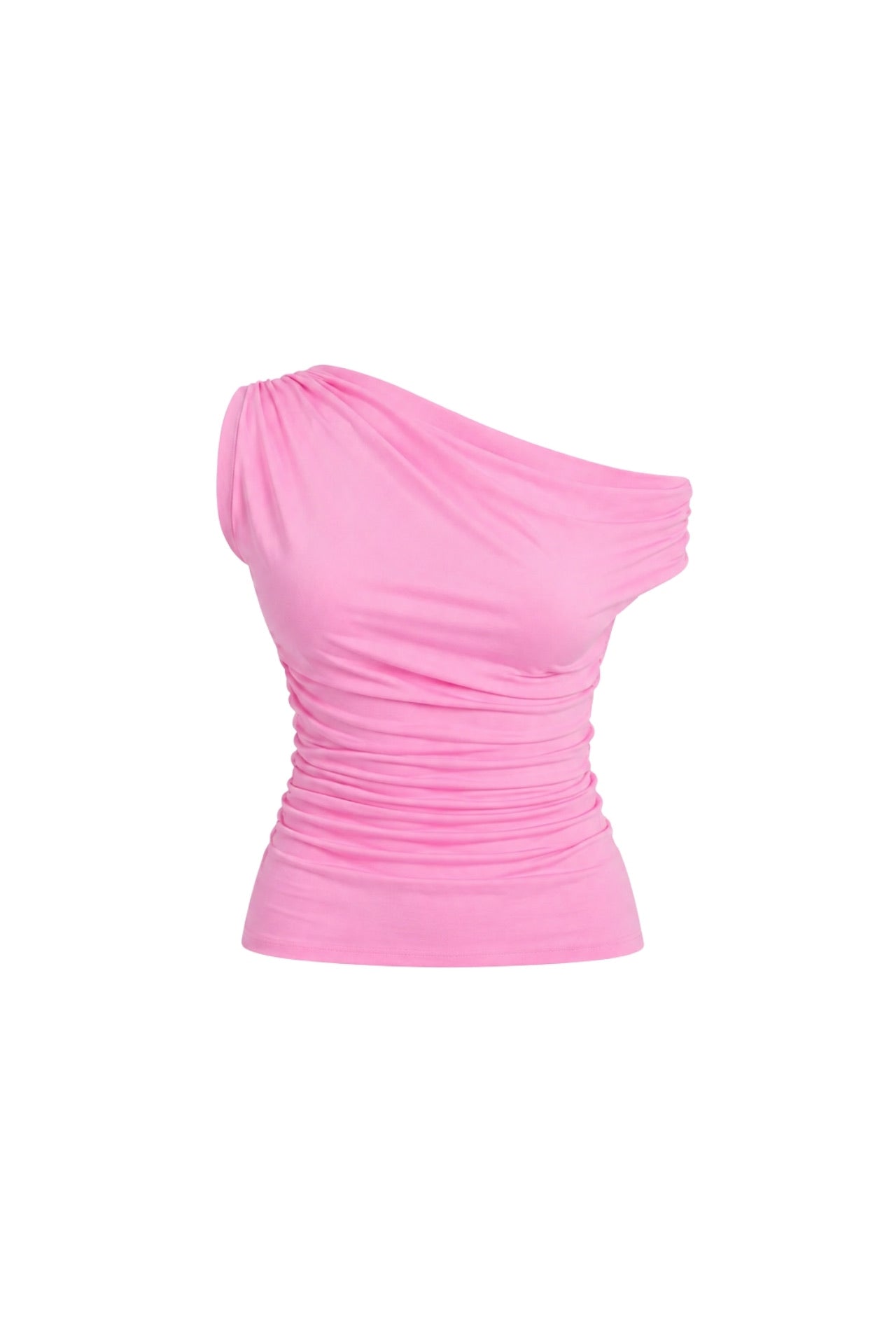 Asymmetrical Shoulder Detail Pink Blouse with Fitted Waist