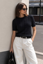 Cable-Knit Short-Sleeve Black Knit Blouse