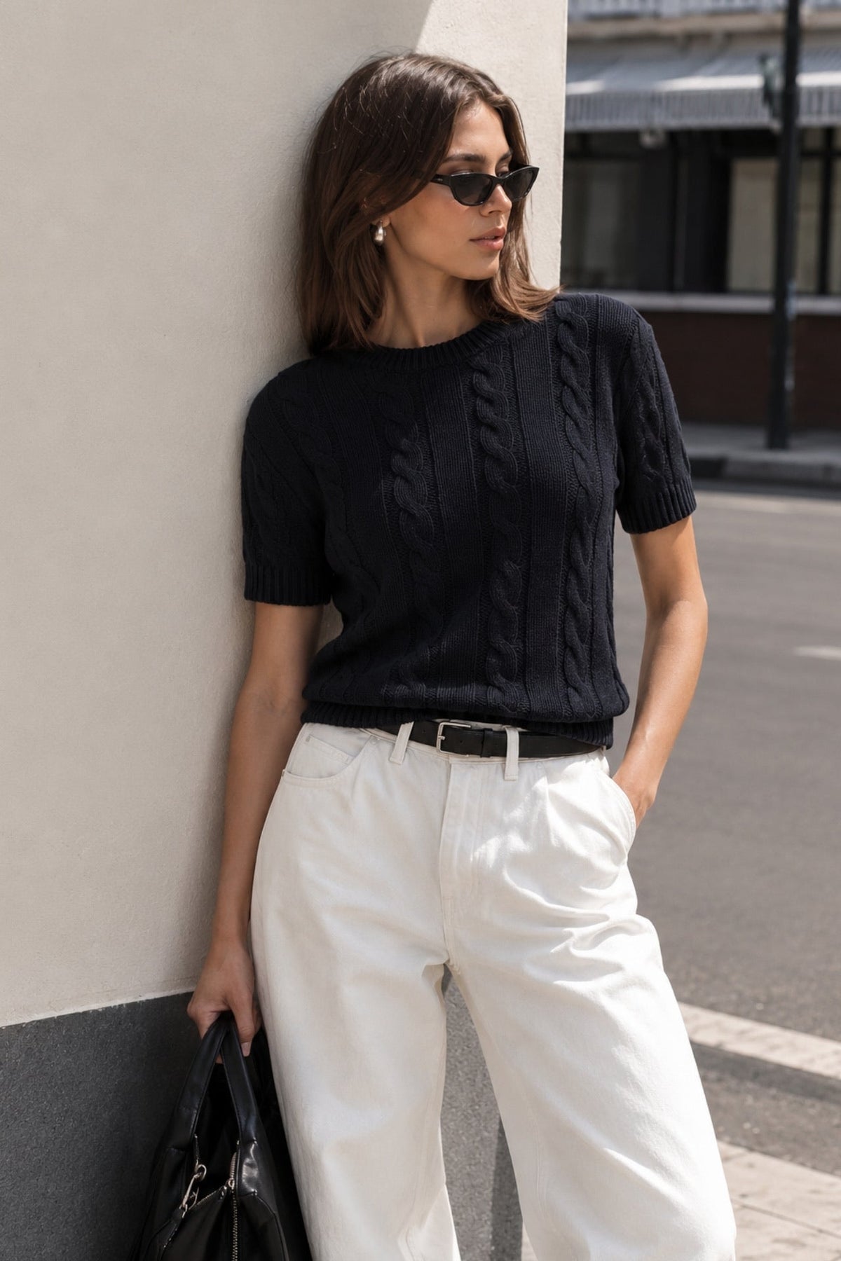 Cable-Knit Short-Sleeve Black Knit Blouse