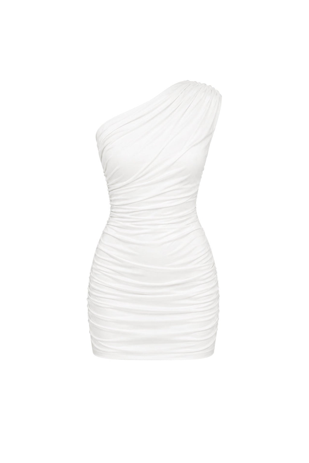 White Ruched One-Shoulder Mini Dress
