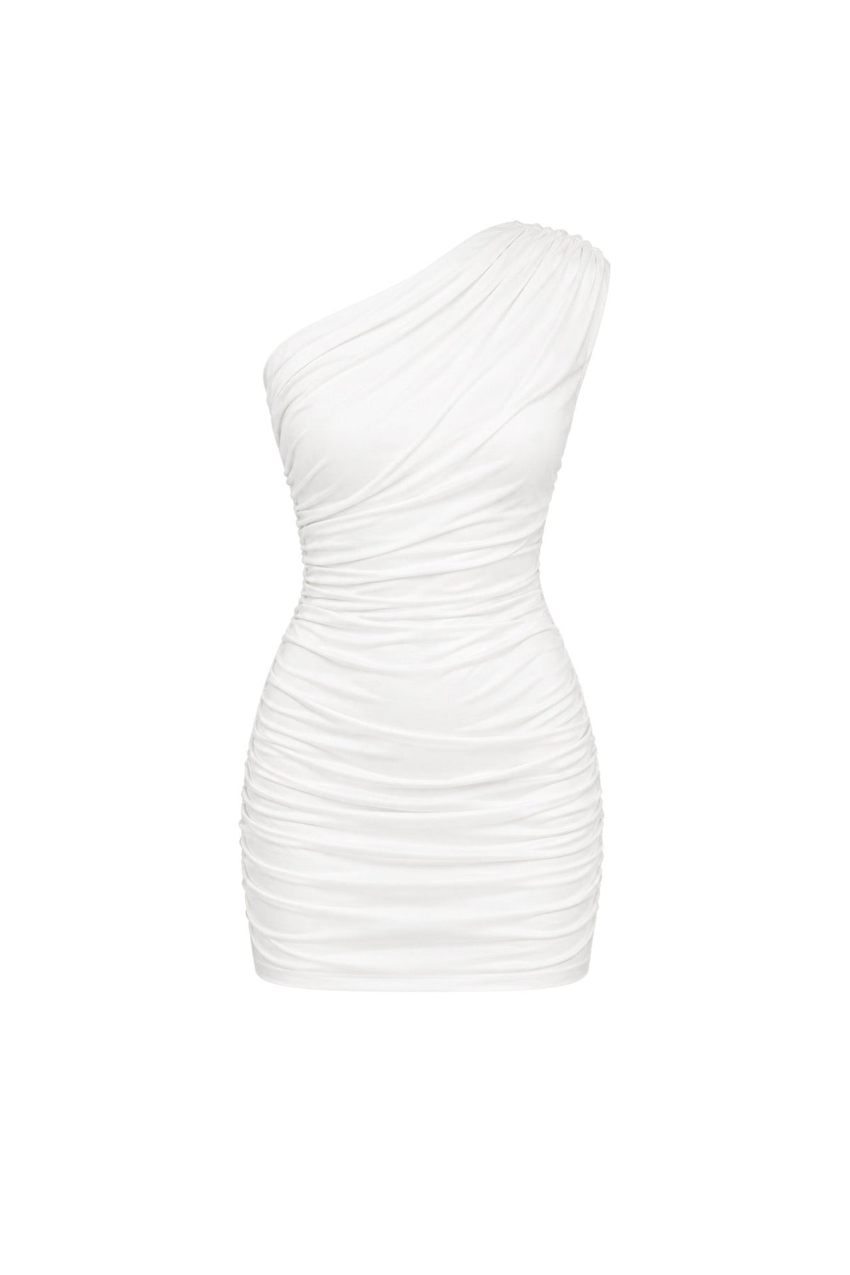 White Ruched One-Shoulder Mini Dress